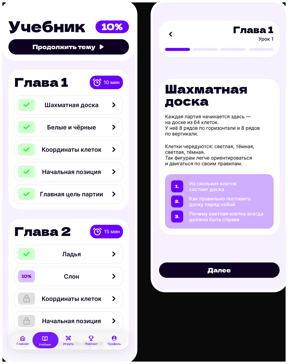 Экраны учебника в приложении Chess Sphere